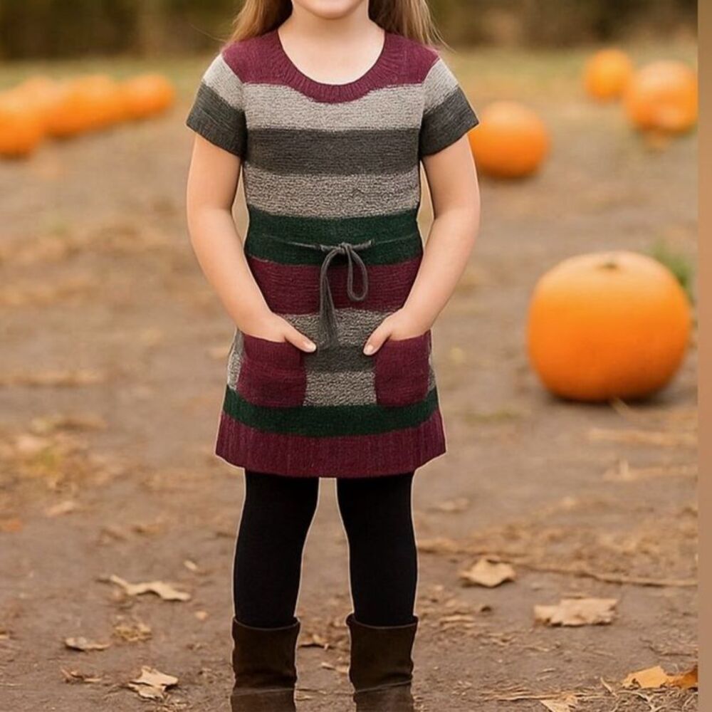 Grane Girls Sweater Dress Medium Plum Gray Green Striped Knit Pockets Fall